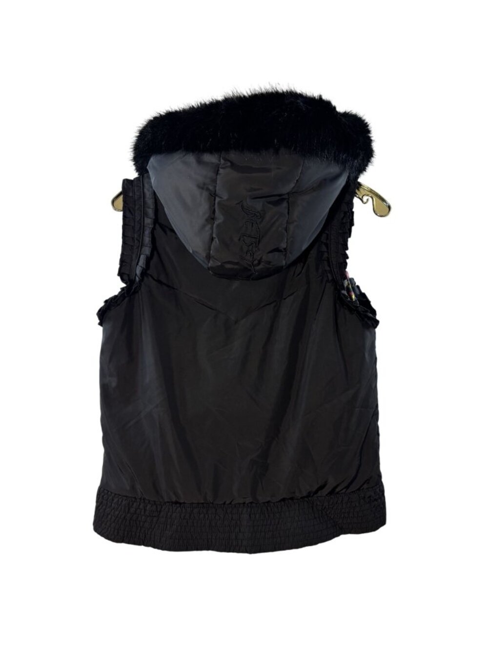 Betsey Johnson Black Hooded Vest W/ Faux Fur Trim & Floral Lining Size S - Picture 3 of 11